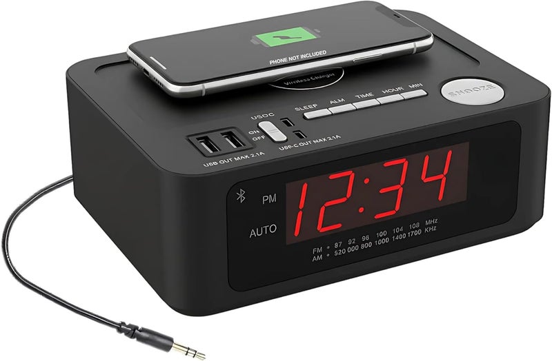 Ken-Tech ساعة منبه رقمية لغرف النوم، شحن لاسلكي 15 واط. 2 منفذ USB-C و 2 منفذ USB-A. ساعة منبه عالية الصوت للنائمين بعمق مثالية لغرفة النوم، المكتب، والمكتب. - Image 1